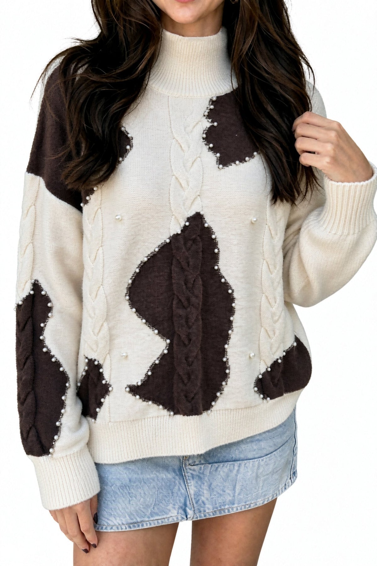 Beige Cable Detail Knit Beaded Western Spots Mock Neck Sweater
