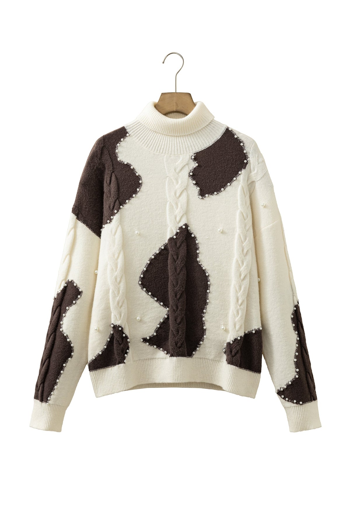 Beige Cable Detail Knit Beaded Western Spots Mock Neck Sweater
