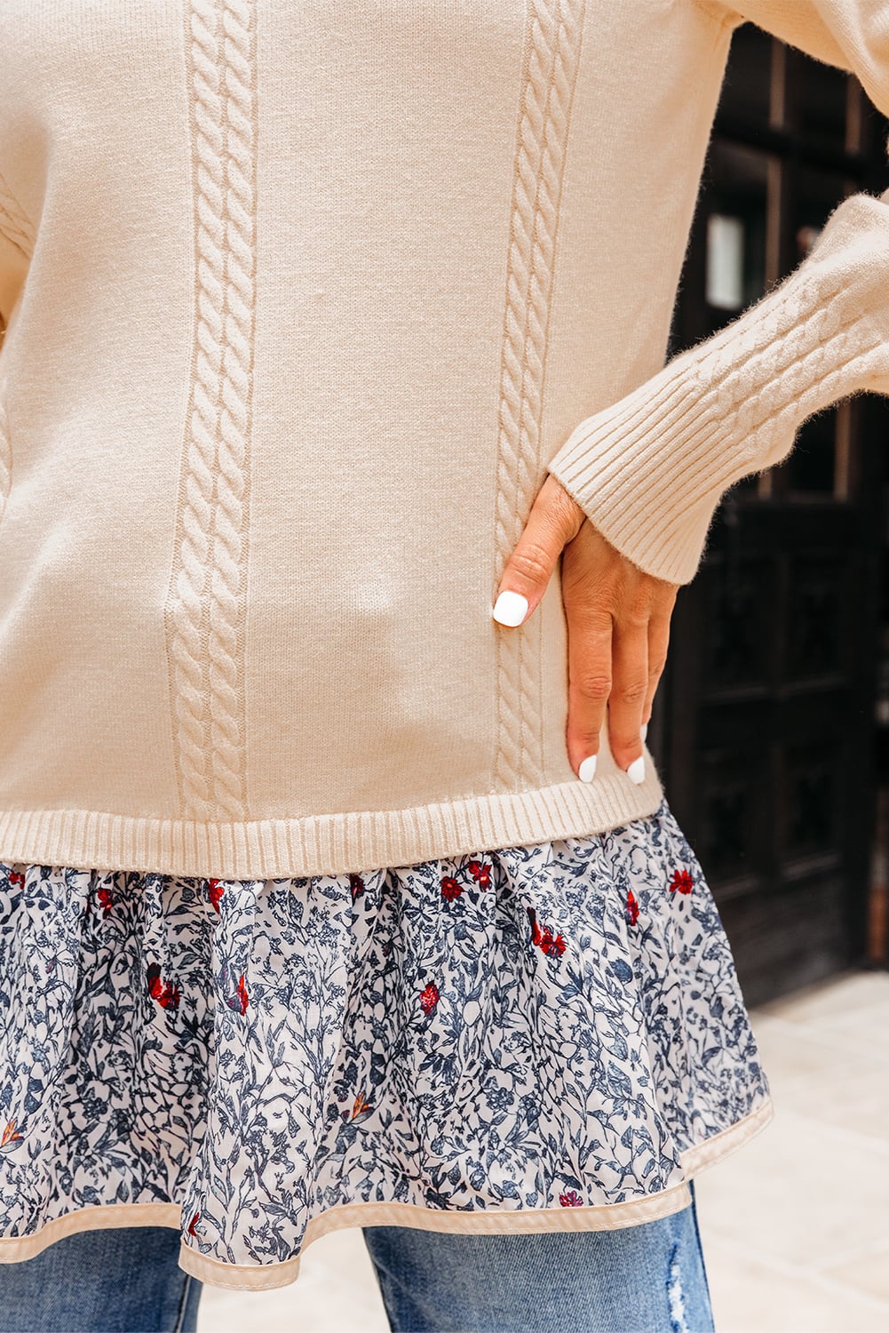 Beige Cable Texture Bohemian Ruffle Hem Patchwork Sweater
