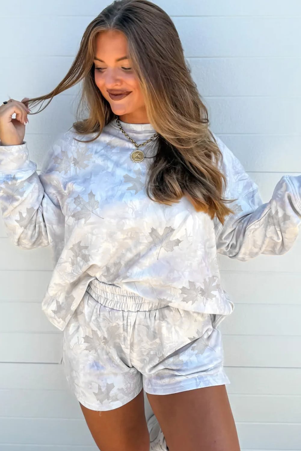 Beige Maple Camo Print Pullover Top and Elastic Waist Casual Short Set