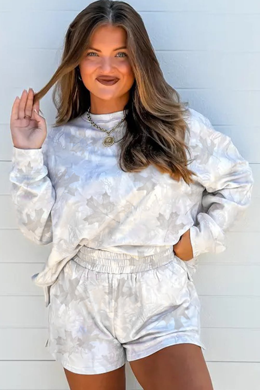 Beige Maple Camo Print Pullover Top and Elastic Waist Casual Short Set