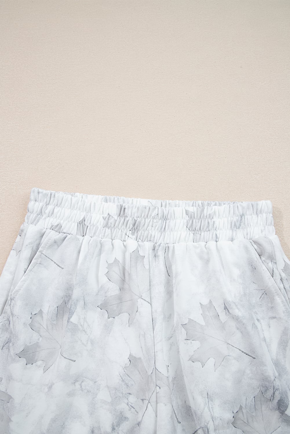 Beige Maple Camo Print Pullover Top and Elastic Waist Casual Short Set