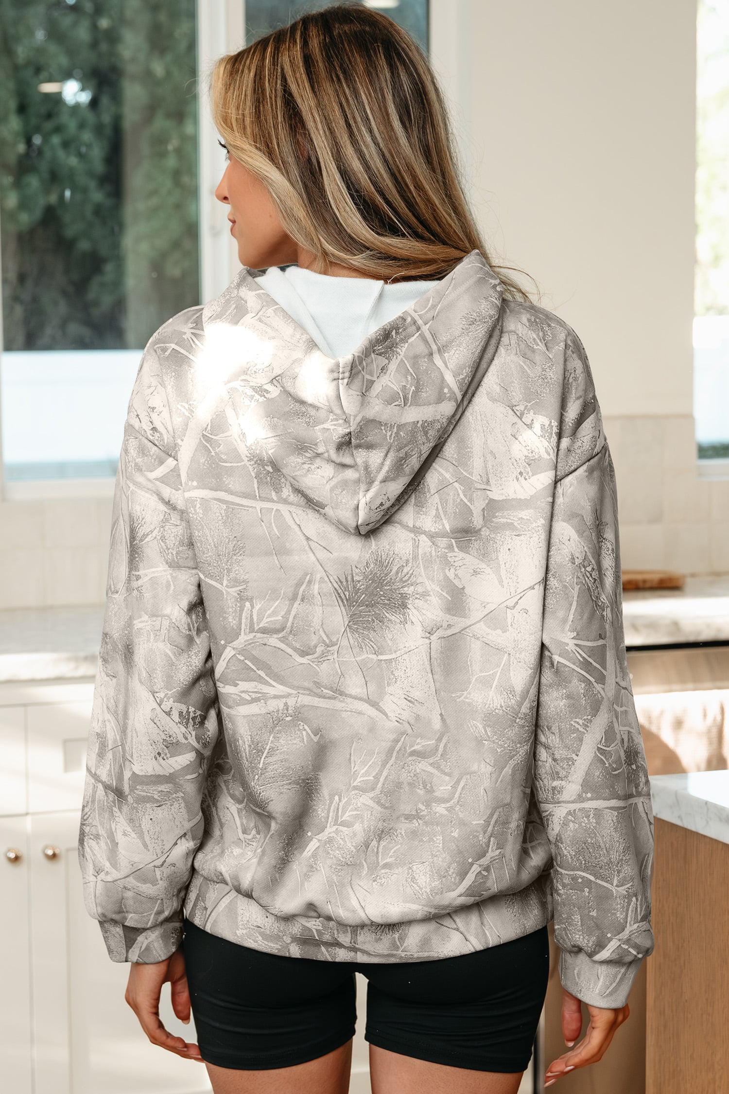 Beige Camouflage Woodland Print Oversized Sporty Hoodie