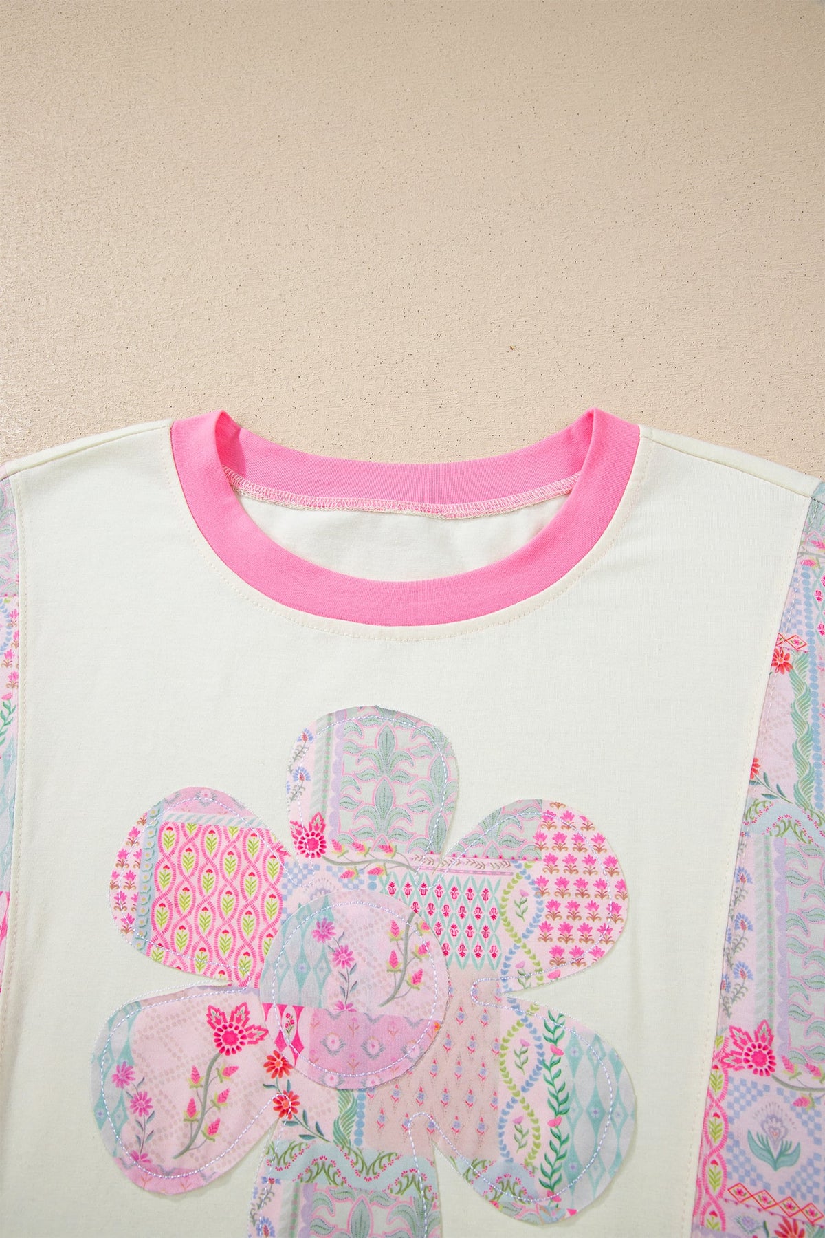 Beige Color Block Floral Patchwork Big Flower Accent Relaxed Top