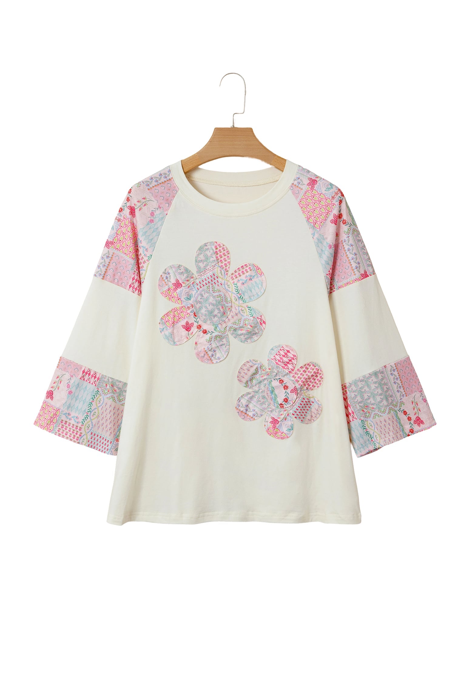 Beige Color Block Retro Floral Patchwork Long Sleeve Top