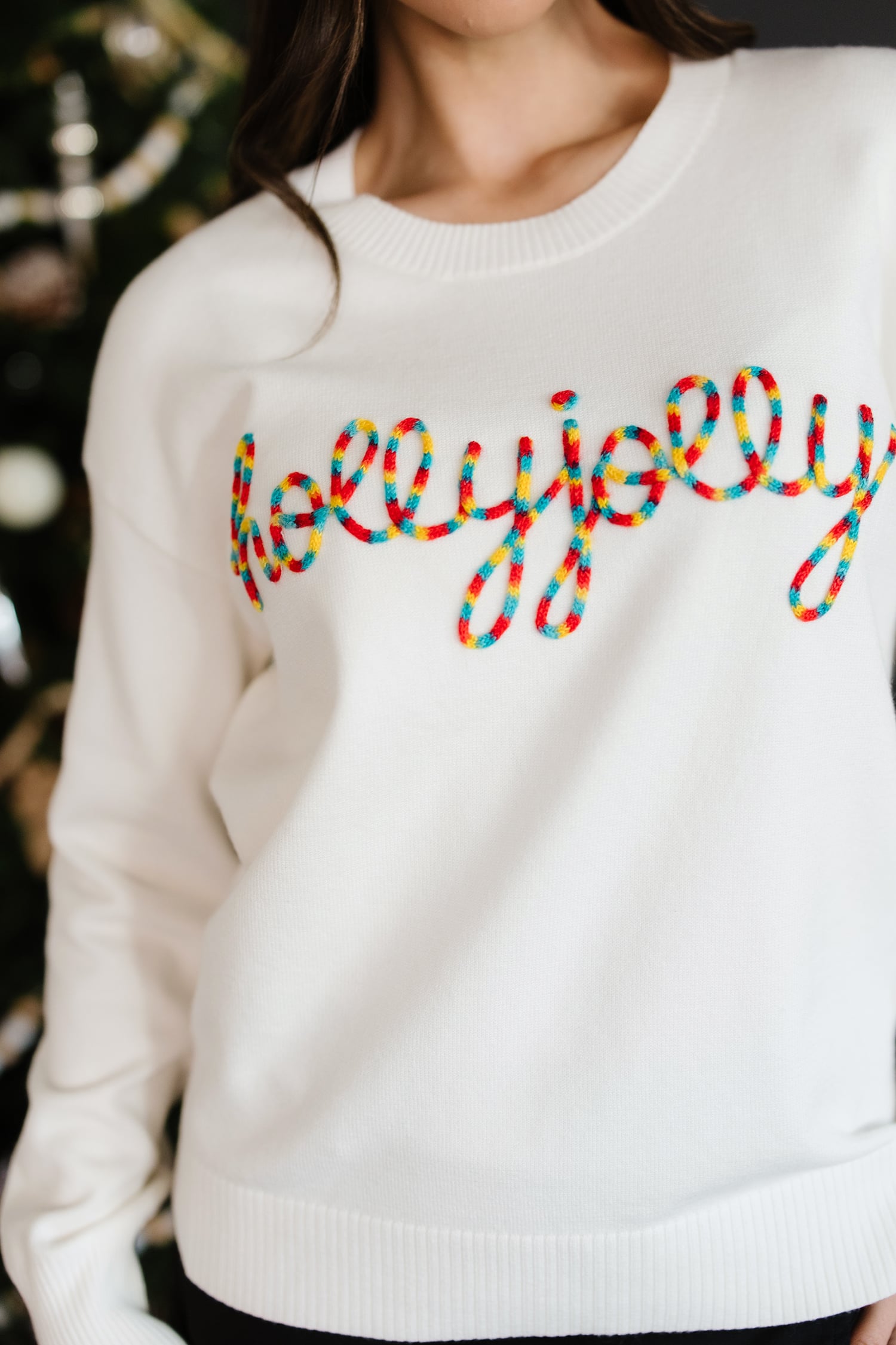 Beige Colorful Holly Jolly Christmas Knit Loose Sweater