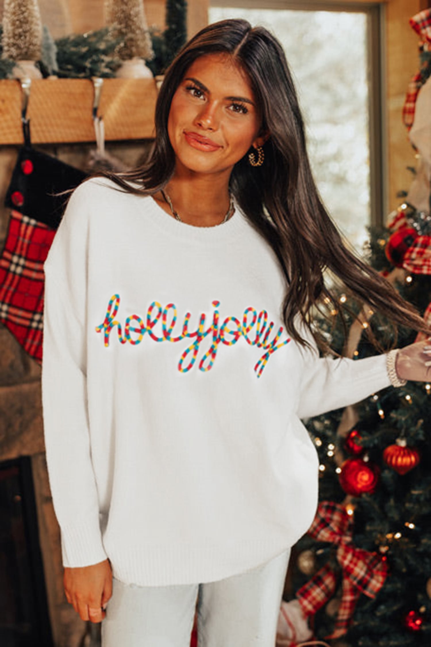 Beige Colorful Holly Jolly Christmas Knit Loose Sweater