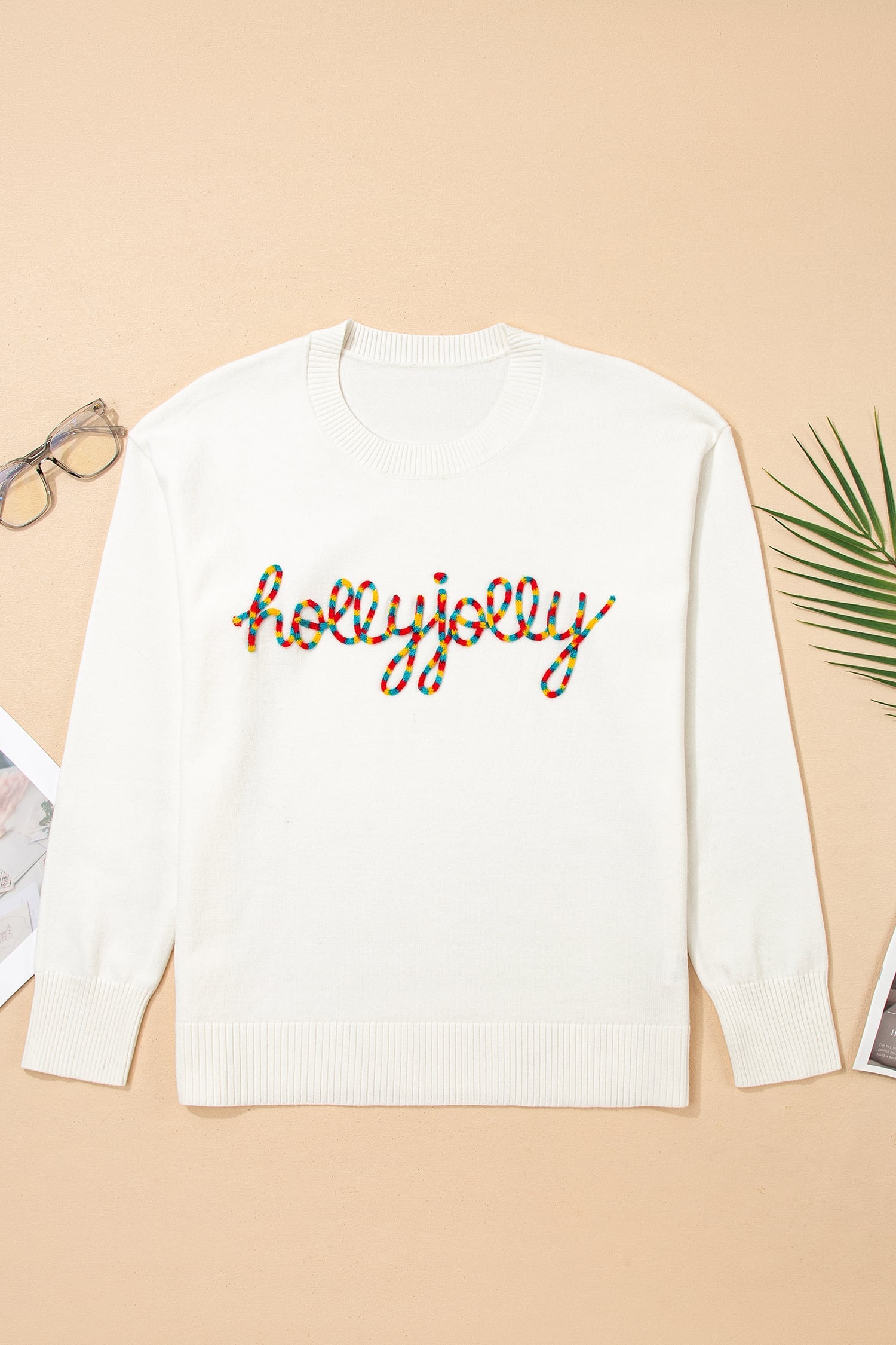 Beige Colorful Holly Jolly Christmas Knit Loose Sweater