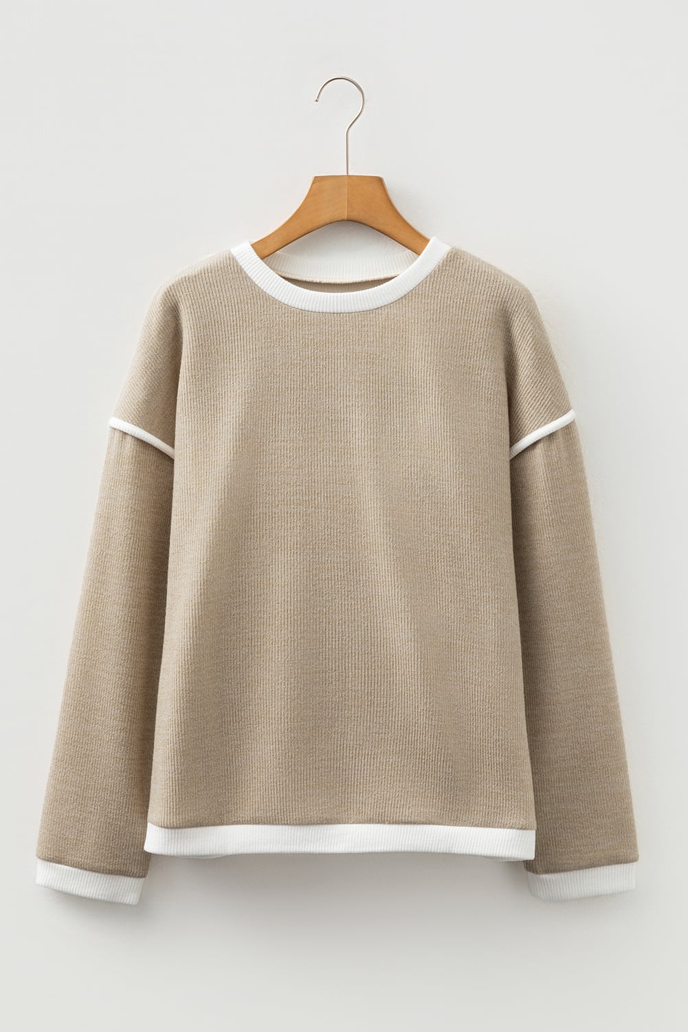 Beige Contrast Color Trim Knit Drop Shoulder Loose Top