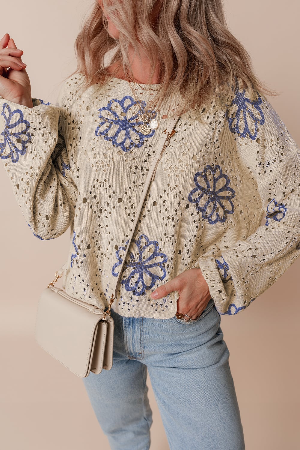 Beige Contrast Flower Print Eyelet Drop Shoulder Sweater