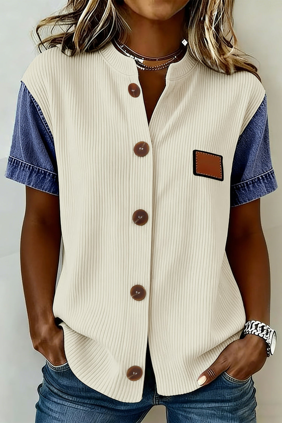 Beige Denim Patchwork Short Sleeve Ribbed Shirt