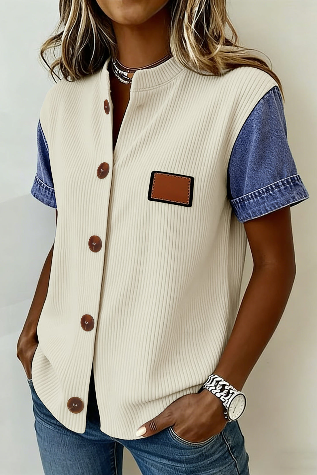 Beige Denim Patchwork Short Sleeve Ribbed Shirt
