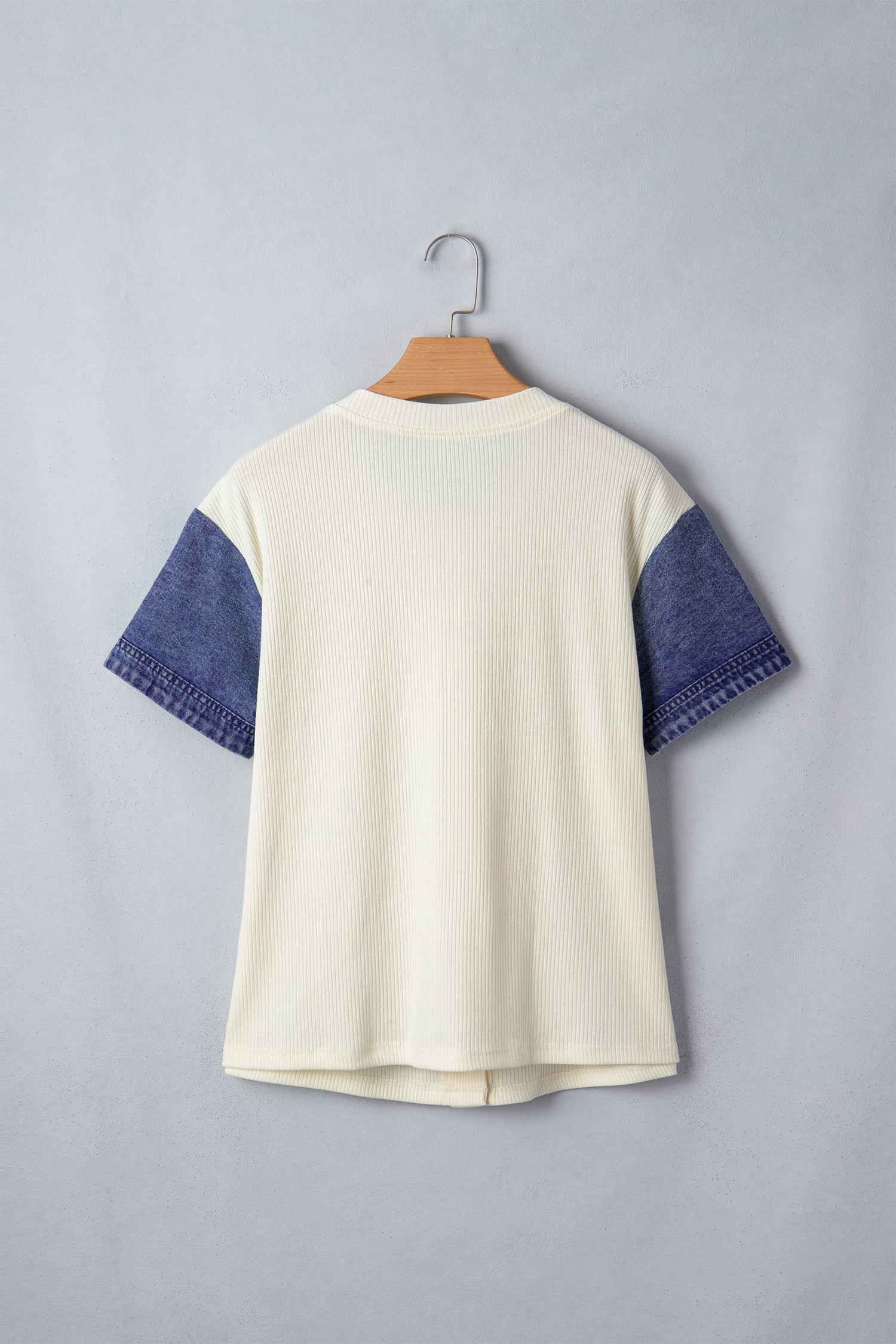 Beige Denim Patchwork Short Sleeve Ribbed Shirt