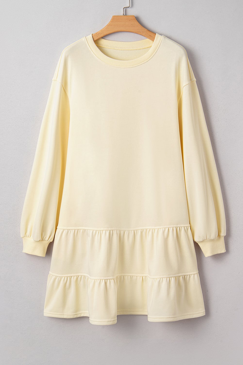 Beige Double Tiered Ruffle Hem Long Sleeve Loose Mini Dress