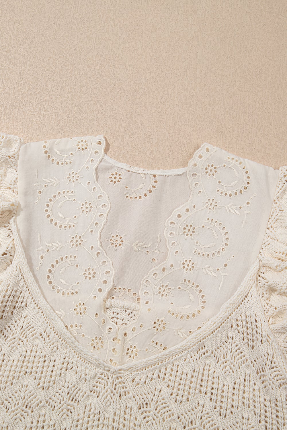 Beige Embroidered Patchwork Hollow Out Knitted Ruffle Sweater Vest