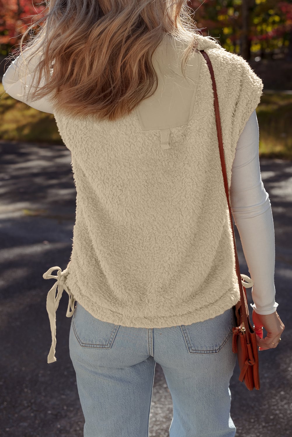 Beige Faux Fur Snap Button Front Knot Side Plush Vest with Pockets