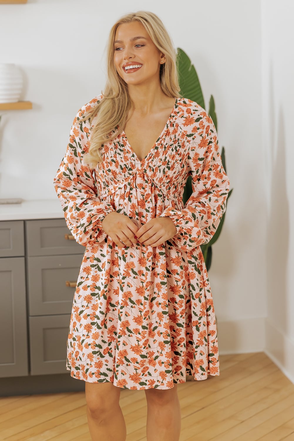 Beige Floral Deep V Neck Smocked Bust Bubble Sleeve Babydoll Dress