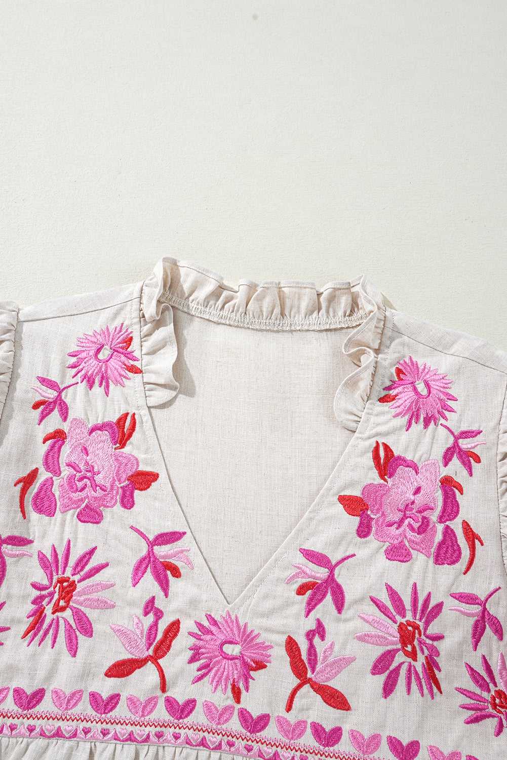 Beige Floral Embroidered Short Sleeve Notched V Neck Blouse