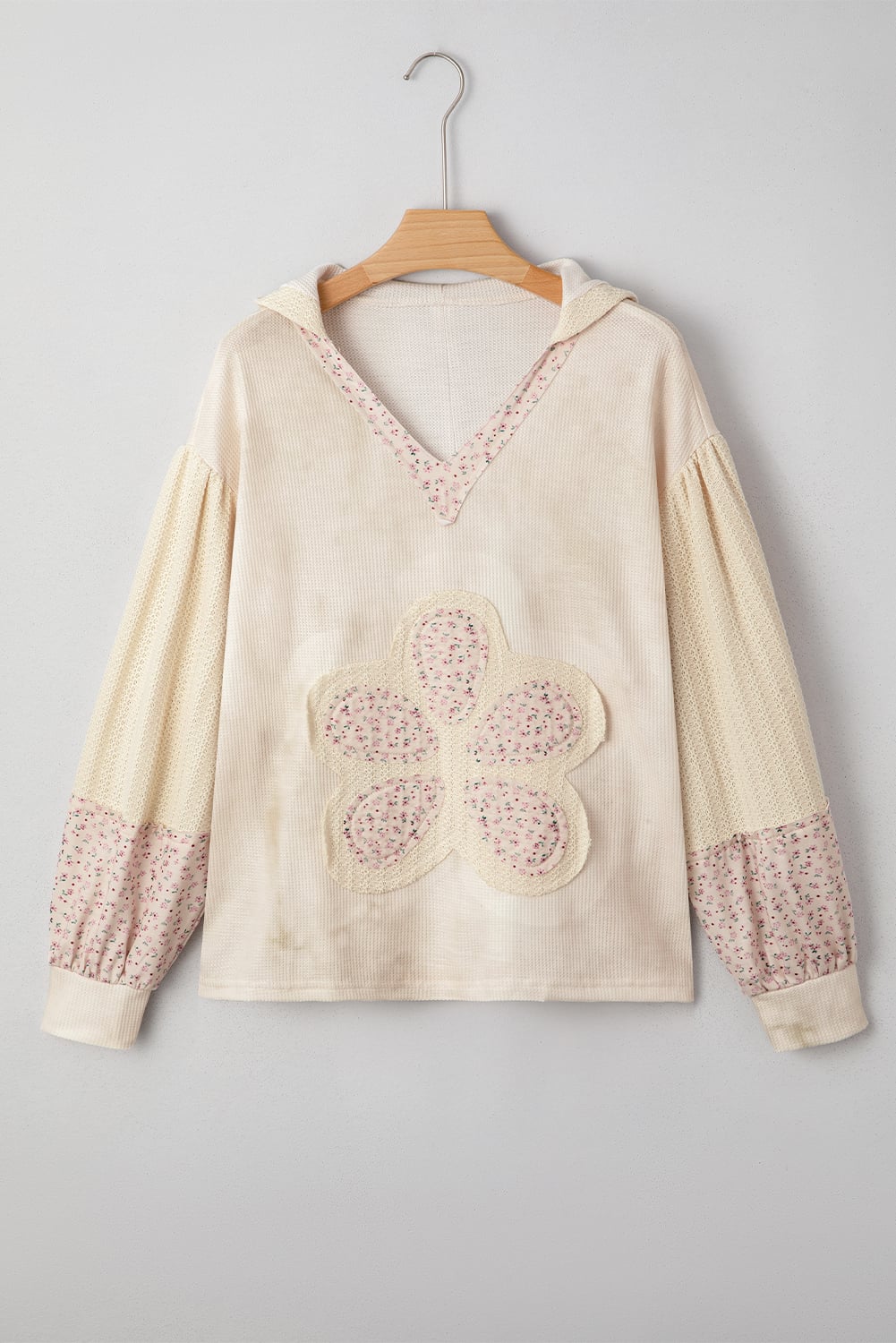 Beige Floral Patched Waffle Textured Colorblock V Neck Casual Hooded Top