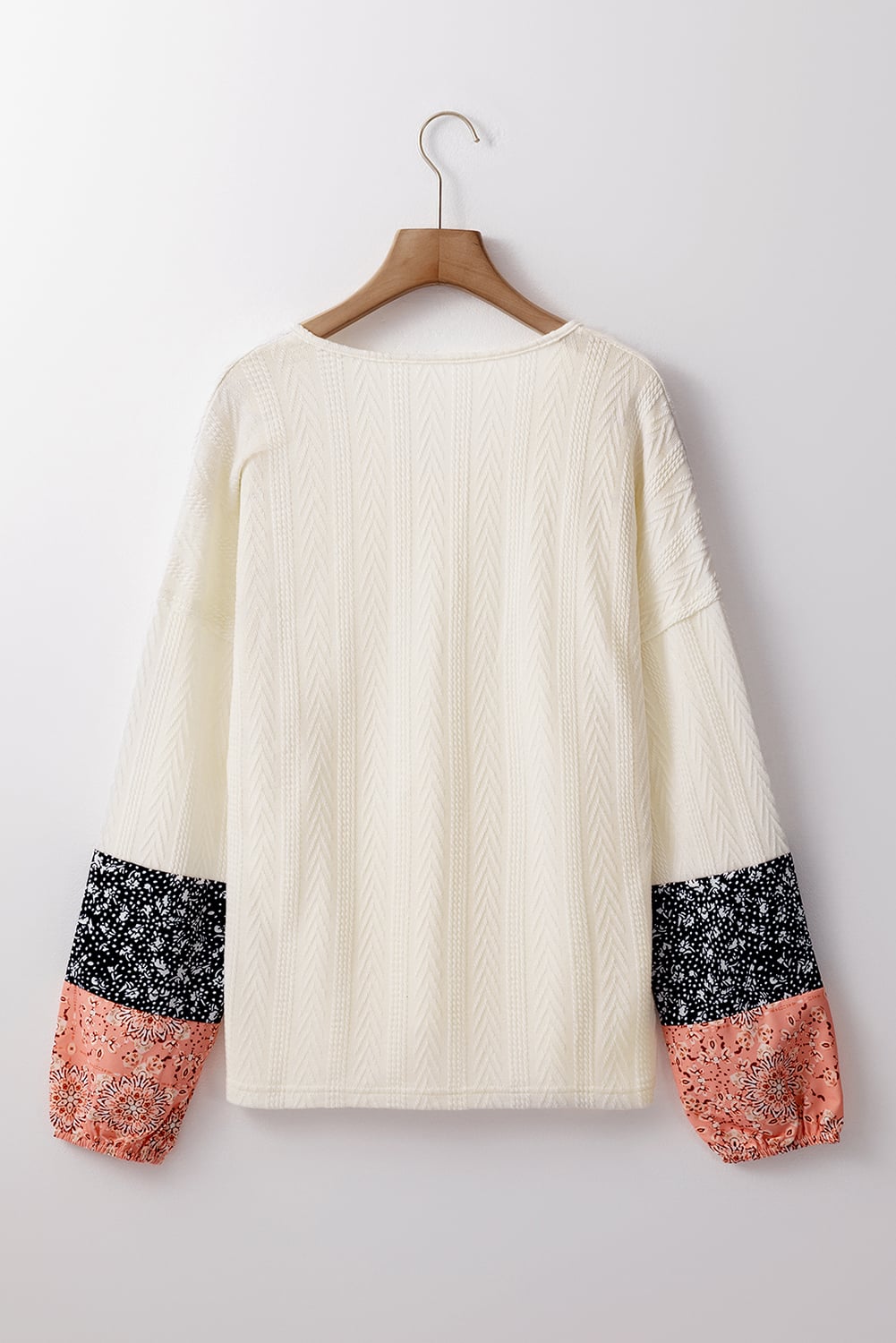 Beige Floral Patchwork Textured Knit Drawstring V Neck Blouse