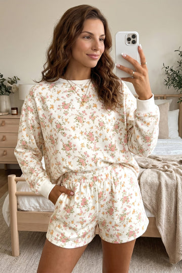 Beige Floral Print Long Sleeve Shift Top Pocketed Shorts 2pcs Set