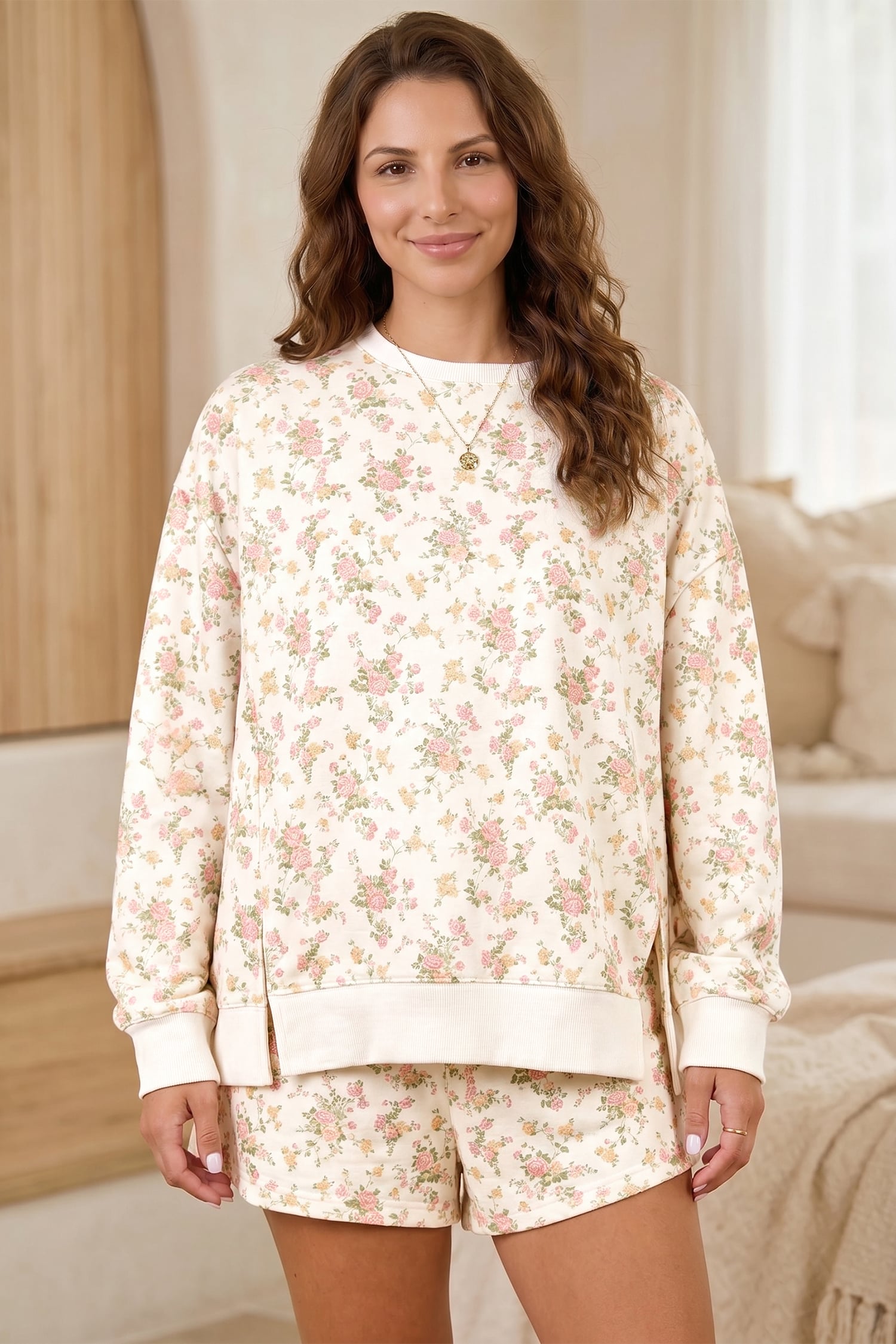Beige Floral Print Long Sleeve Shift Top Pocketed Shorts 2pcs Set