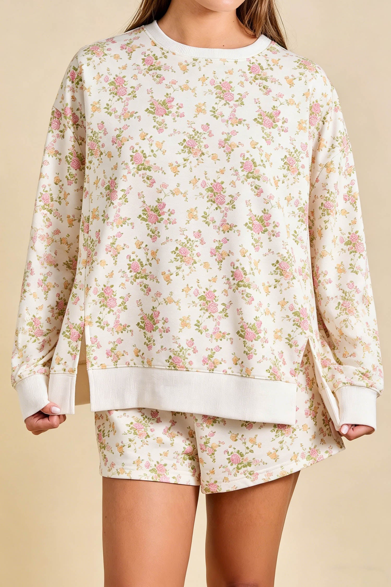 Beige Floral Print Long Sleeve Shift Top Pocketed Shorts 2pcs Set