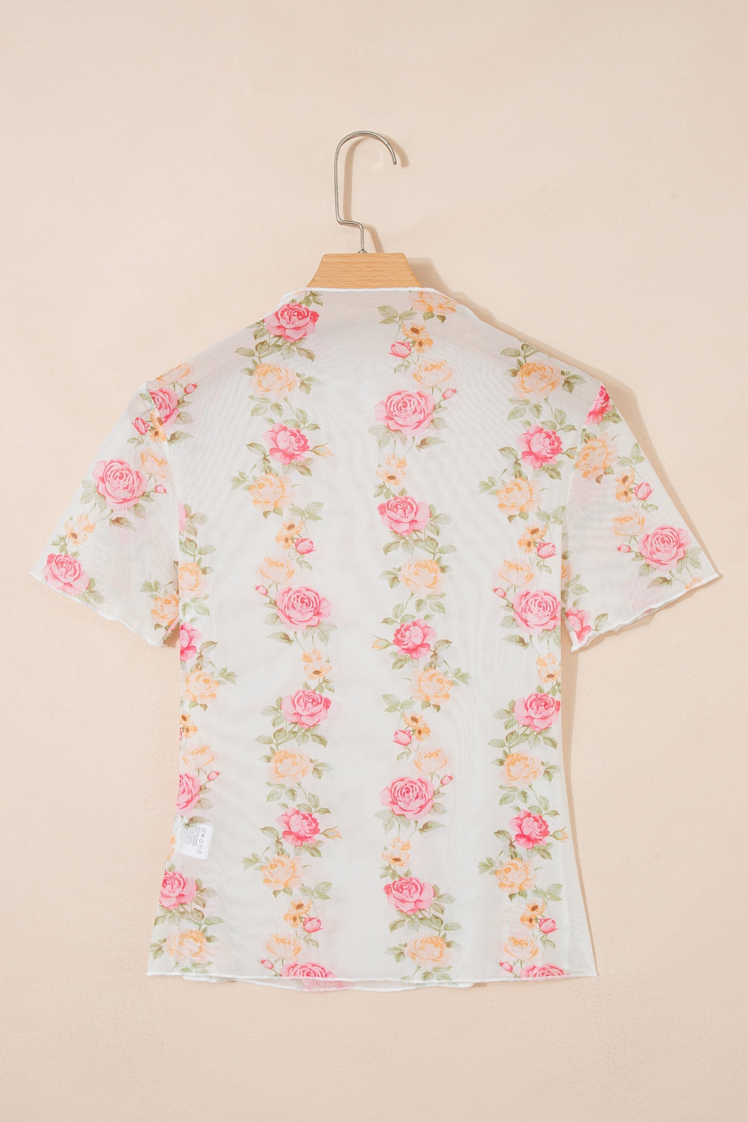 Beige Floral Print Mock Neck Short Sleeve Mesh Top
