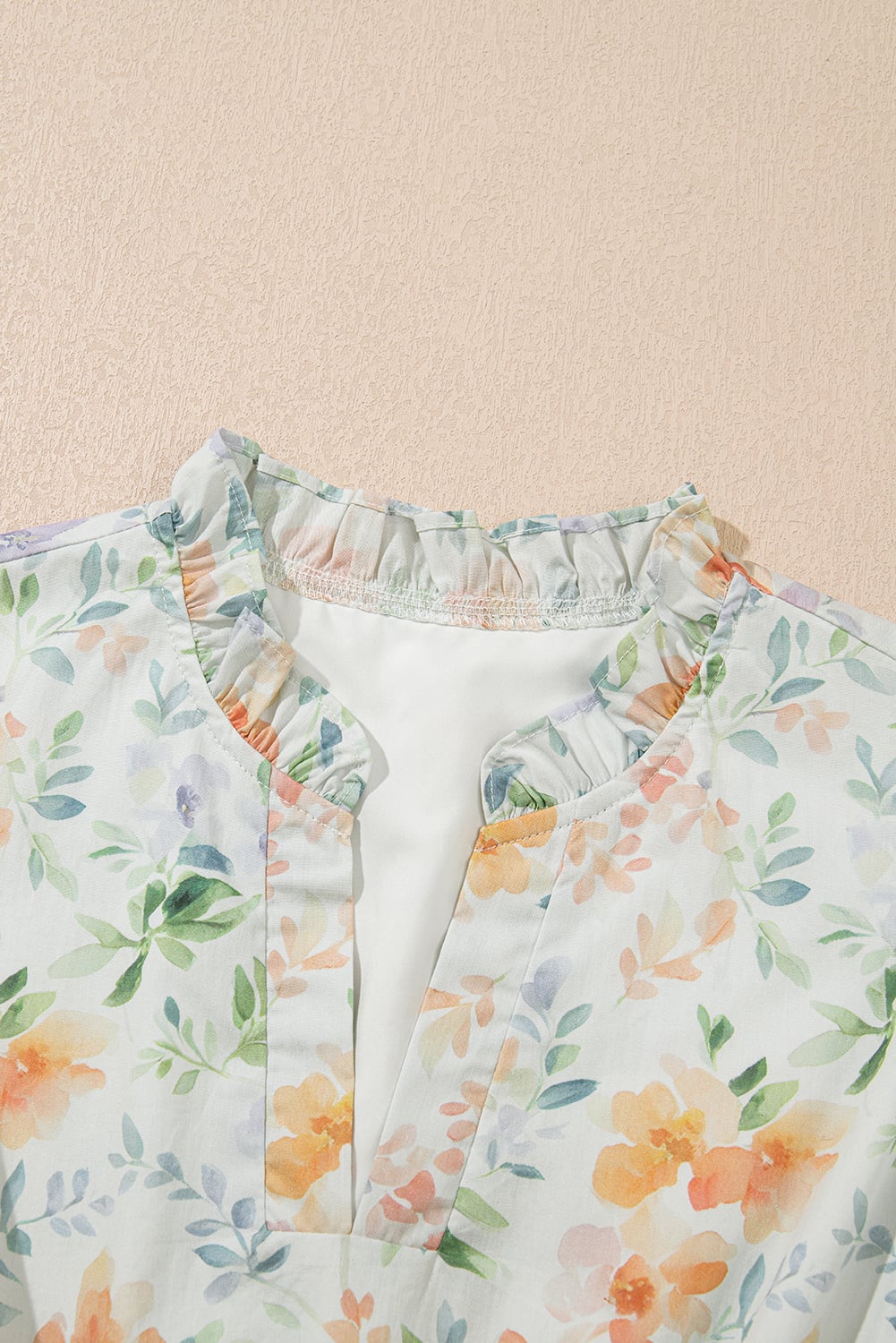 Beige Floral Print Shirred High Waist Puff Sleeve Mini Dress