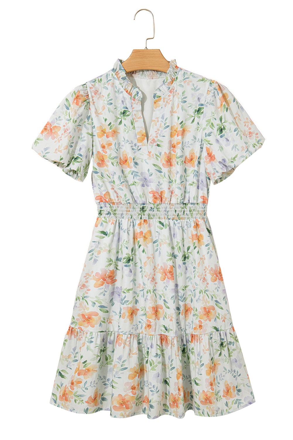 Beige Floral Print Shirred High Waist Puff Sleeve Mini Dress