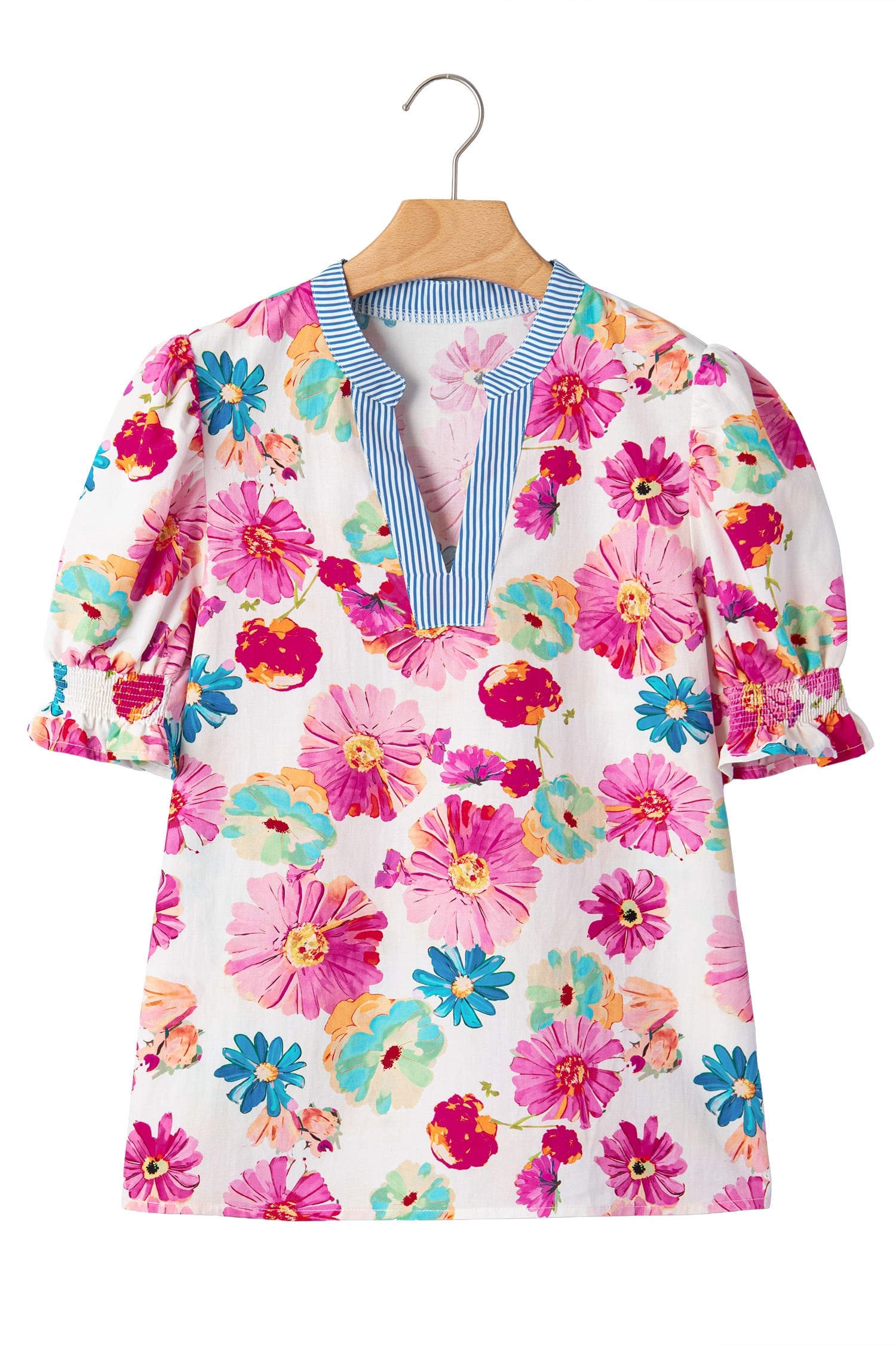 Beige Floral Print Short Puff Sleeve Striped Trim V Neck Blouse