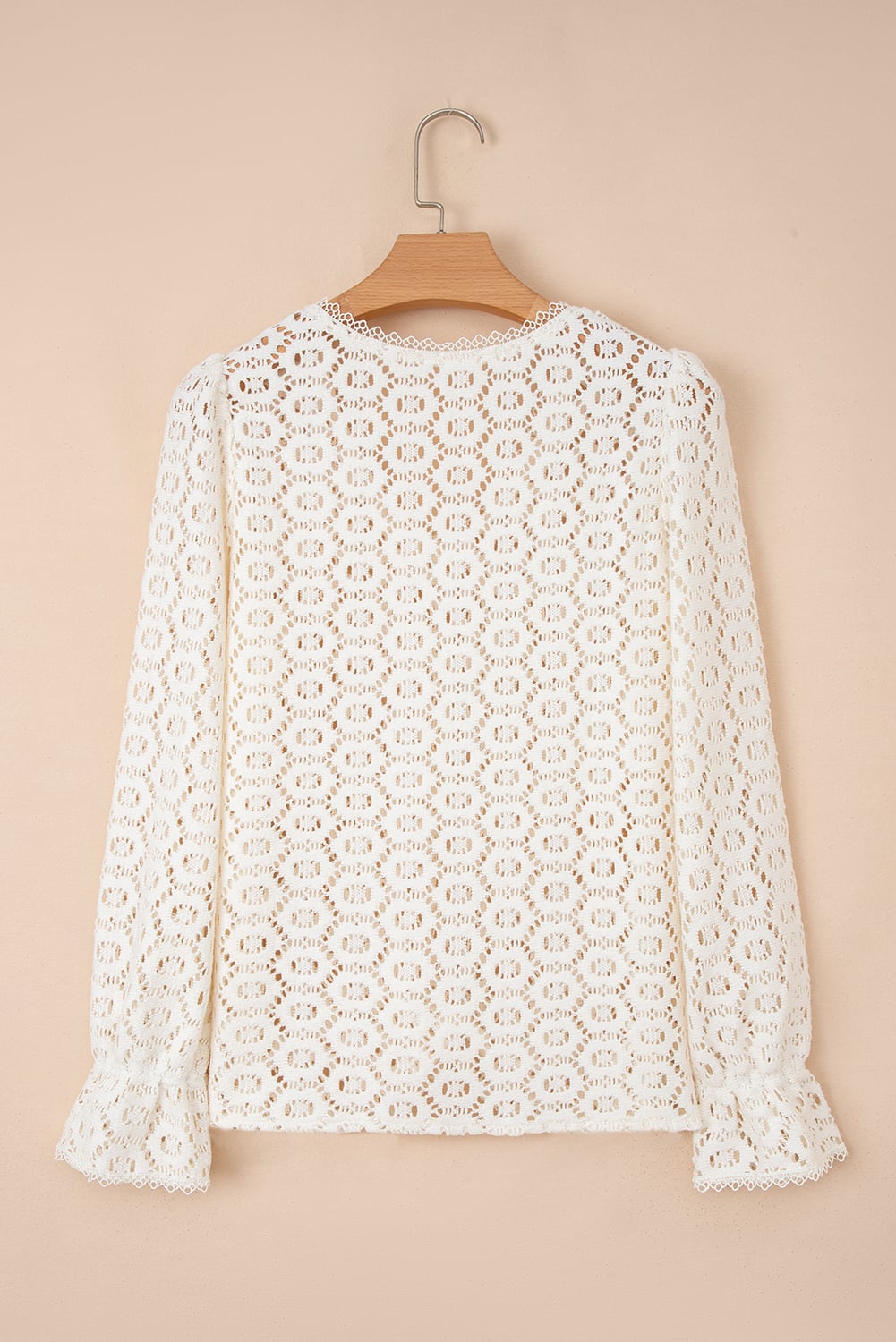Beige Flower Lace V Neck Ruffled Sleeve Top