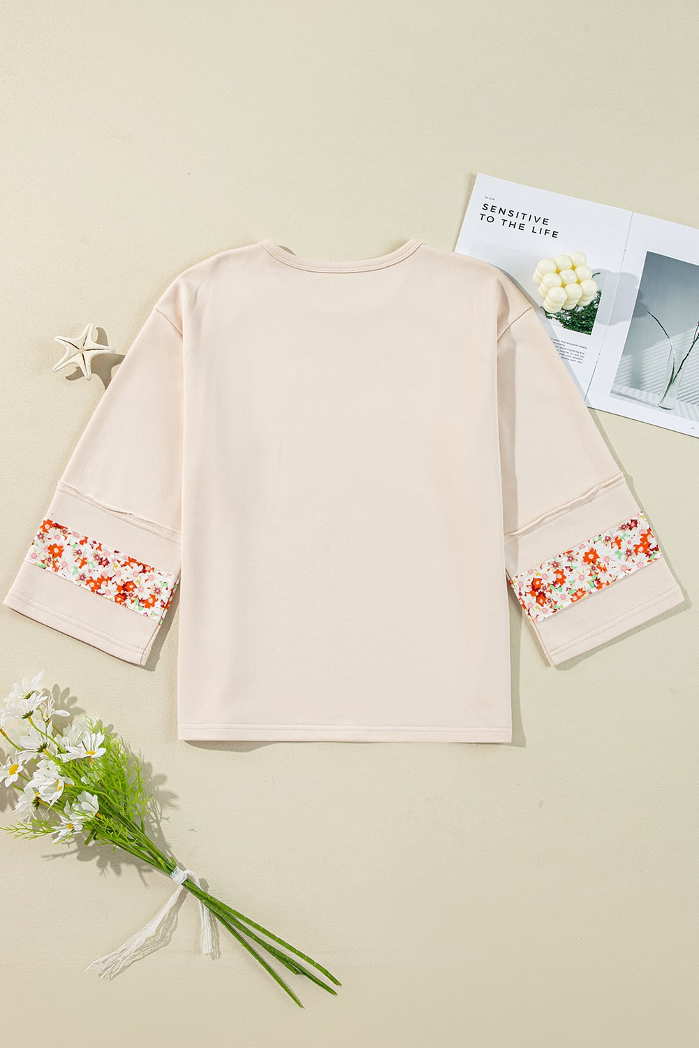 Beige Flower Patch Graphic Exposed Seam Wide Sleeve Top