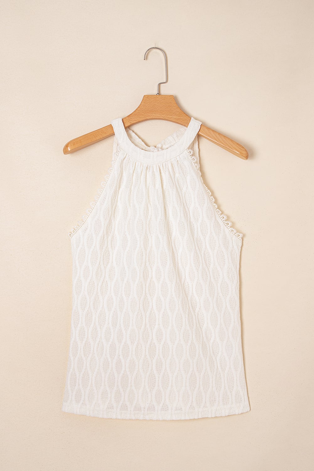 Beige Frenchy Lace Trim Textured Halter Tank Top