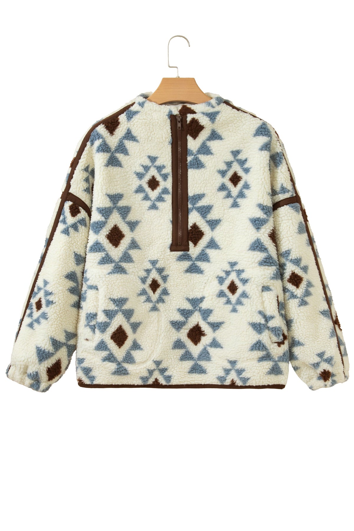 Beige Geometric Print Sherpa Western Style Long Sleeve Sweatshirt
