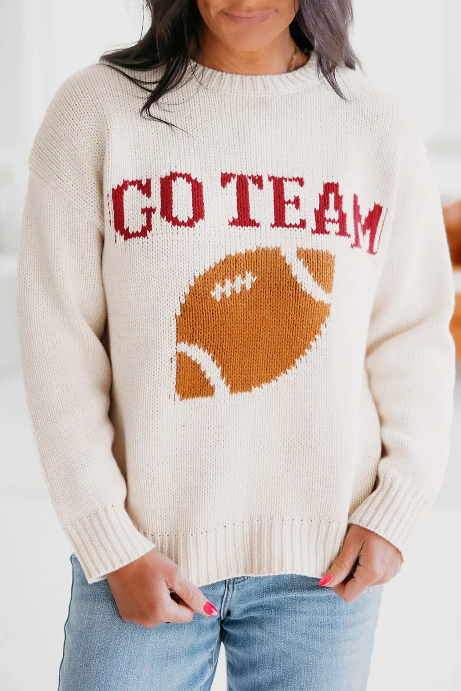 Beige Go Team Football Drop Shoulder Knit Top Sweater