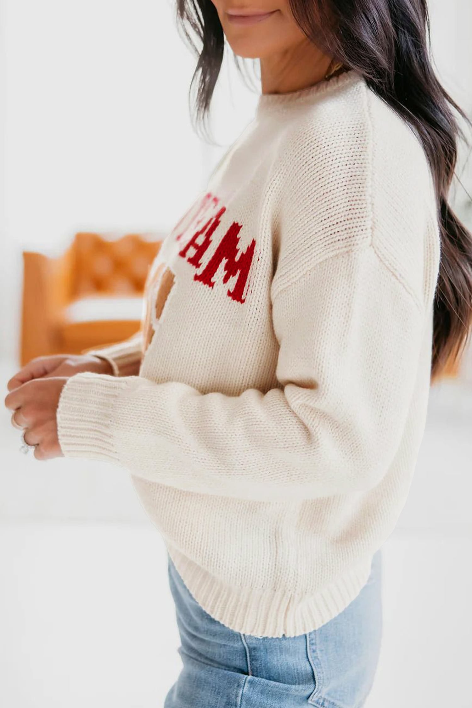 Beige Go Team Football Drop Shoulder Knit Top Sweater