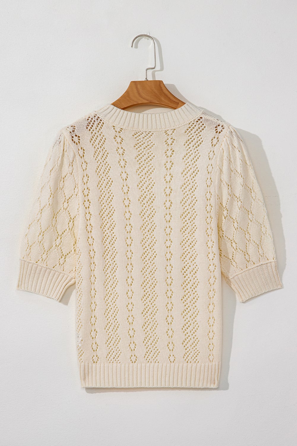 Beige Hollowed Pattern Knit Short Puff Sleeve Sweater