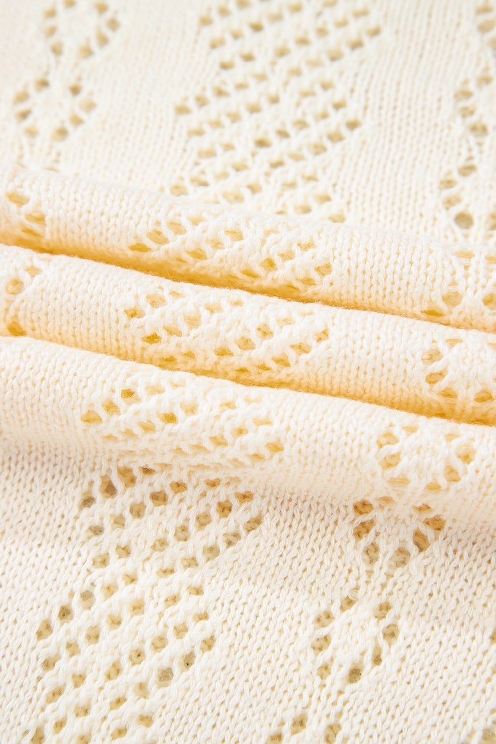 Beige Hollowed Pattern Knit Short Puff Sleeve Sweater