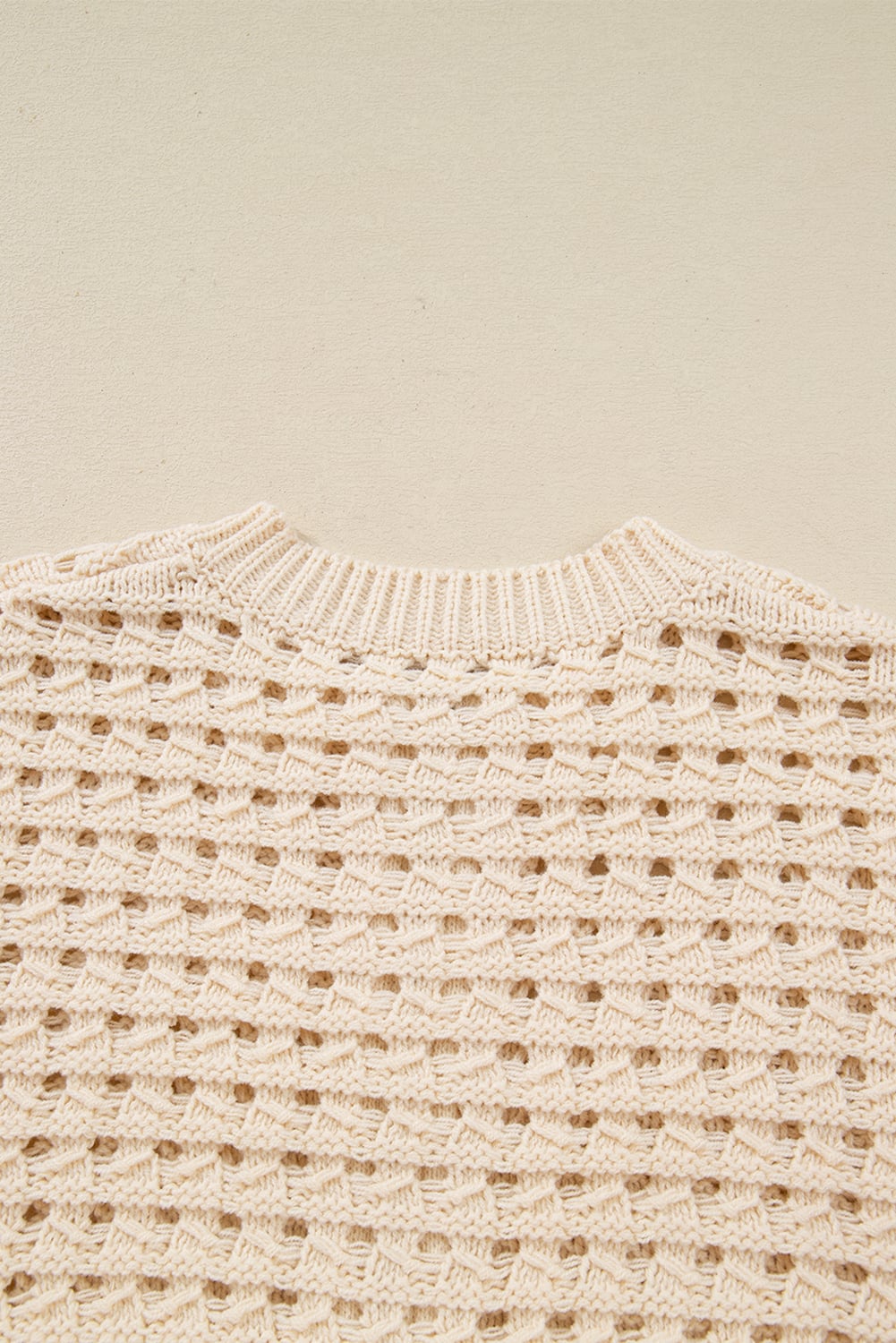 Beige Hollowed Pattern Knit Zip Up Drop Shoulder Sweater Cardigan