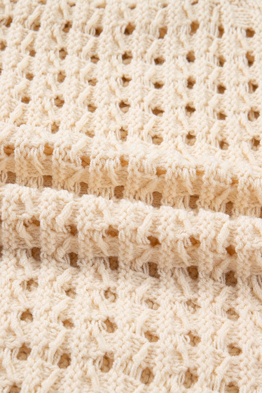Beige Hollowed Pattern Knit Zip Up Drop Shoulder Sweater Cardigan