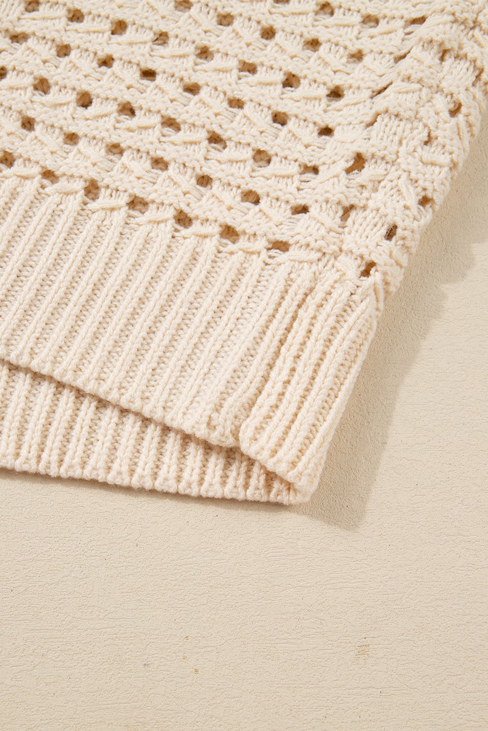 Beige Hollowed Pattern Knit Zip Up Drop Shoulder Sweater Cardigan