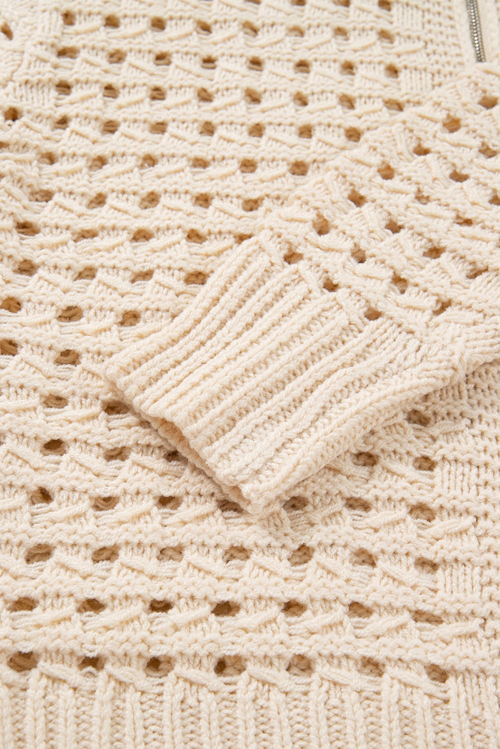 Beige Hollowed Pattern Knit Zip Up Drop Shoulder Sweater Cardigan