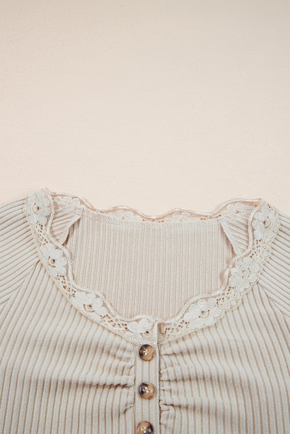 Beige Lace Neckline Button Decor Lettuce Edge Long Sleeve Ribbed Top