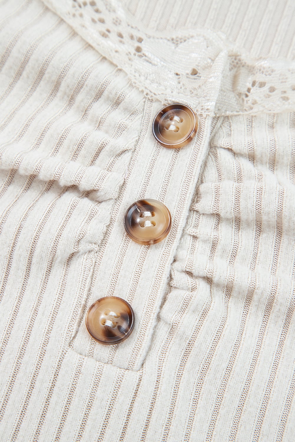 Beige Lace Neckline Button Decor Lettuce Edge Long Sleeve Ribbed Top