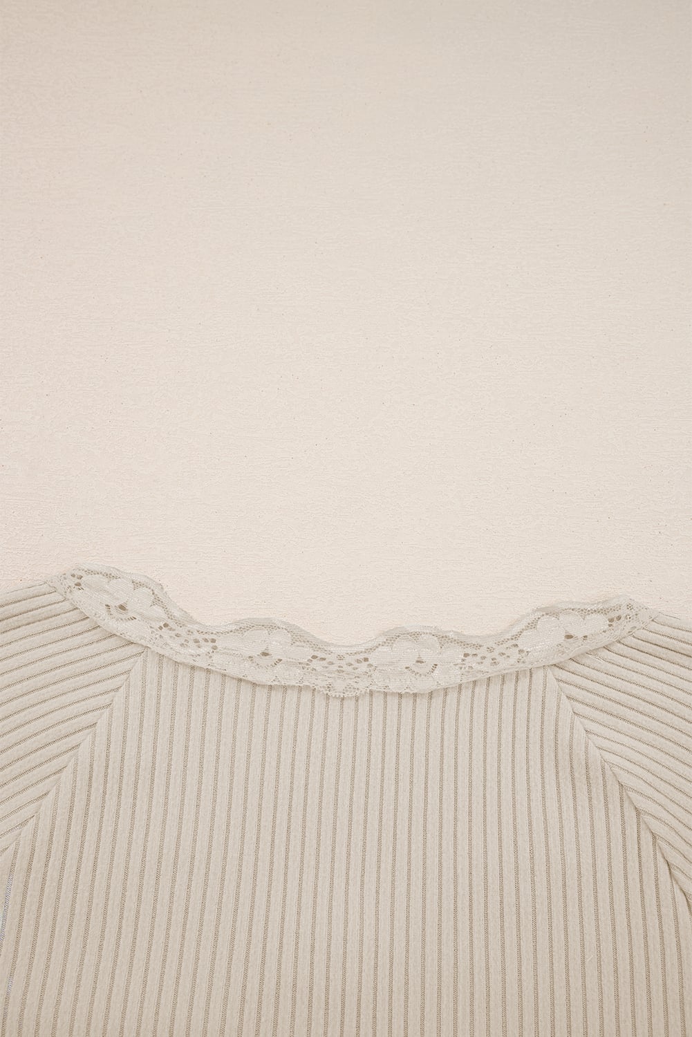 Beige Lace Neckline Button Decor Lettuce Edge Long Sleeve Ribbed Top