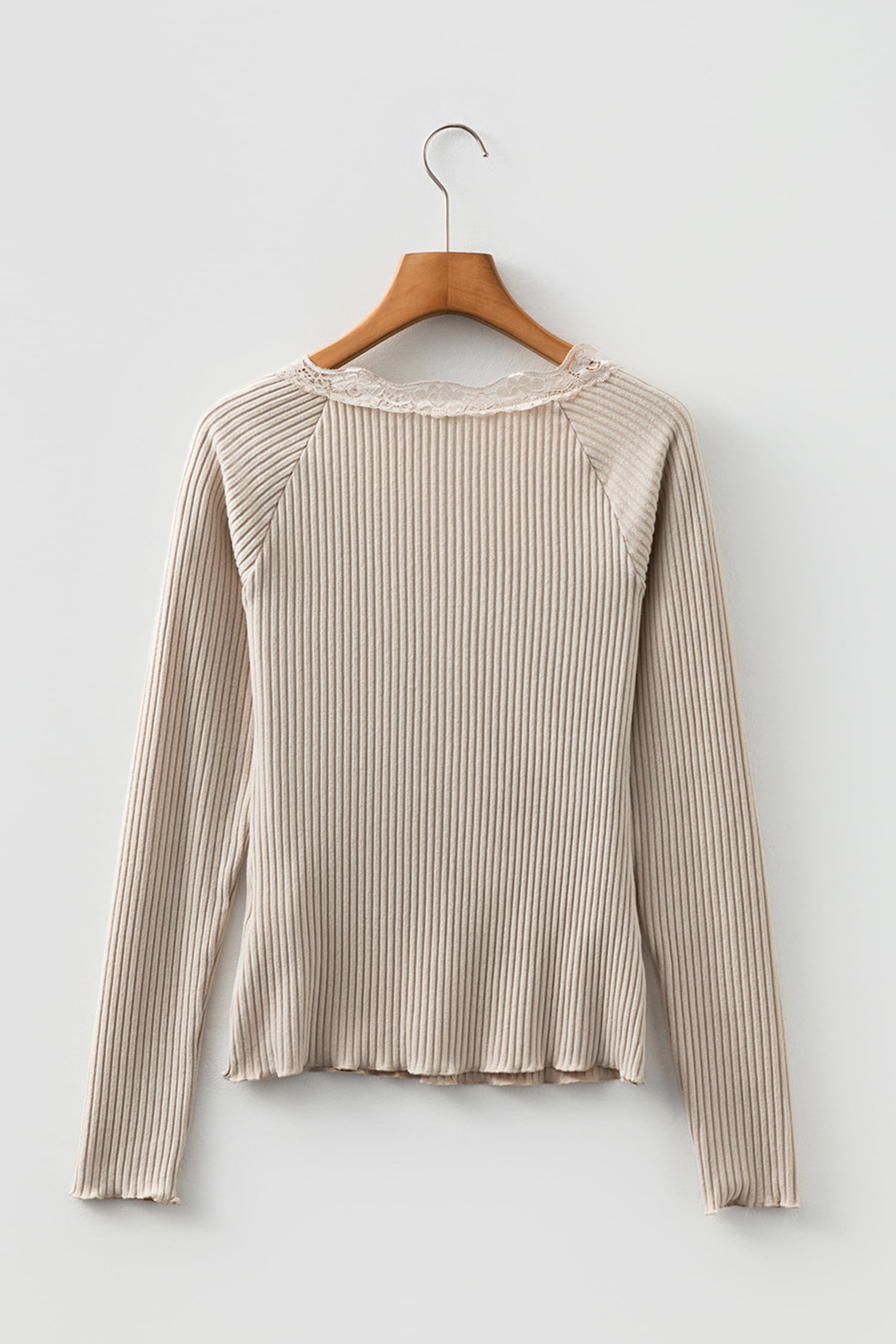 Beige Lace Neckline Button Decor Lettuce Edge Long Sleeve Ribbed Top