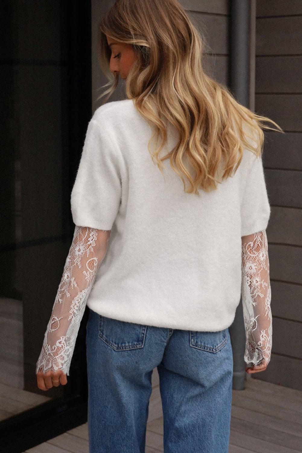 Beige Lace Sleeve Patchwork Faux Two-piece Fuzzy Sweater