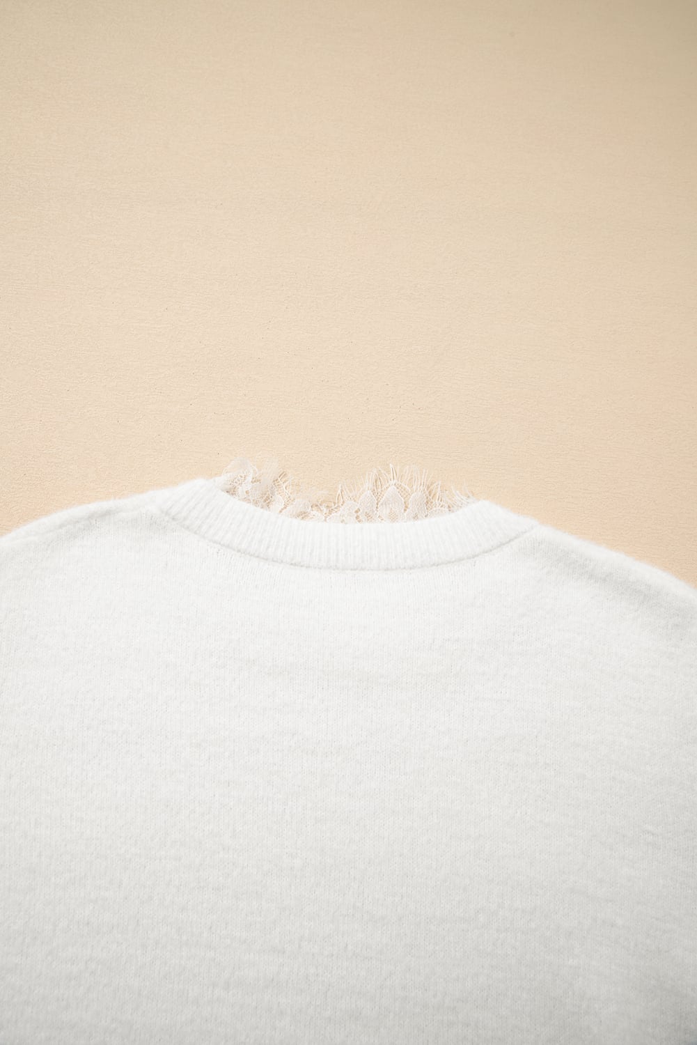 Beige Lace Sleeve Patchwork Faux Two-piece Fuzzy Sweater