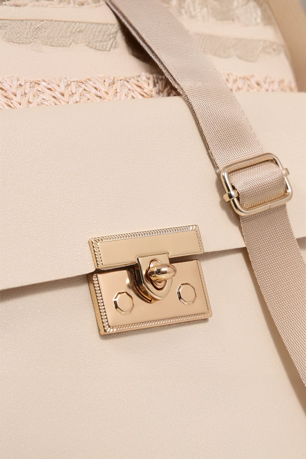 Beige Leather Pocket Patchwork Straw Woven Shoulder Bag